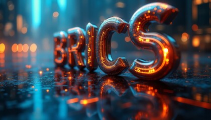 The glowing BRICS logo stands prominently against a vibrant, neon-lit city background, reflecting innovation and collaboration. The image captures the essence of modernity and unity among emerging