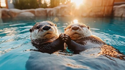 Fototapeta premium Otter Duo at Sunset