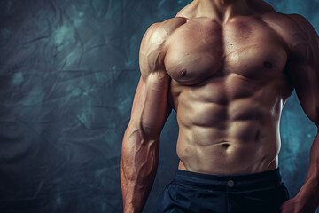 Fototapeta premium Close-up of a fit man's muscular chest and abs on a textured backdrop