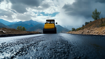Mountain Road Construction - A yellow road roller smooths fresh asphalt on a mountain road under a dramatic sky.  Construction, infrastructure, progress.