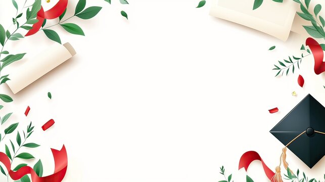 Graduation ceremony invitation template with red ribbons and greenery