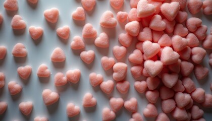 Sweet pink heart-shaped candies scattered playfully across a soft, light background. This delightful arrangement evokes feelings of love and joy, perfect for celebrations or romantic gestures