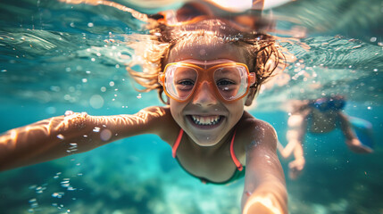 Fototapeta premium Smiling young girl wearing orange goggles enjoys a sunny swim underwater