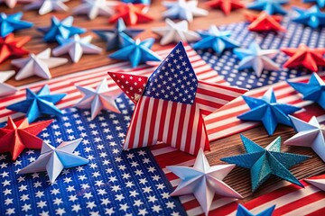 Naklejka premium Patriotic Paper Stars & USA Flag - American Holiday Decoration Stock Photo