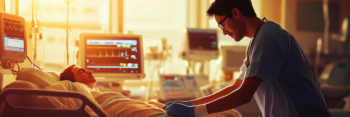 Male nurse offering compassionate assistance to a patient, confident and skilled in providing medical care at the hospital, banner