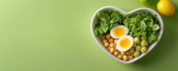 A heart-shaped bowl filled with fresh greens, chickpeas, and boiled eggs against a green backdrop.