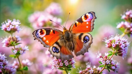 Obraz premium Peacock Butterfly on Thyme Flower - Close-up Portrait