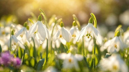 Fototapeta premium Close-up of first snowdrop buds in the snow on a sunny glade