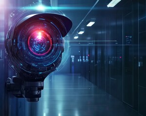 A futuristic surveillance camera captures an illuminated hallway, showcasing advanced technology in a dimly lit environment.