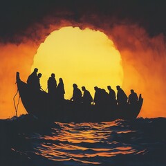 Refugees on a big rubber boat in the middle of the sea that require help. Migrants crossing the sea. Ai generative