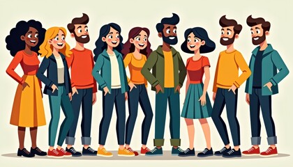 Diverse animated characters in vibrant poses with abstract background