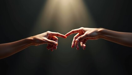 Two hands reaching out with fingers almost touching under dramatic light