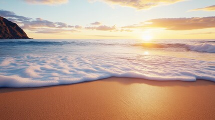 Fototapeta premium Serene Sunset Beachscape - Tranquil ocean waves gently lapping on a sandy beach at sunset. Golden sunlight illuminates the scene, creating a peaceful and idyllic atmosphere.