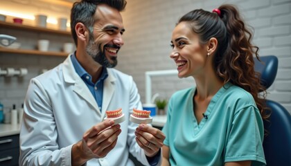  Dentist explaining dentures to smiling patient in modern dental office