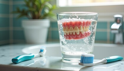 Dentures soaking in cleaning solution with toothbrush on counter