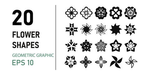 20 Black flower vector set feature abstract floral design silhouettes, and geometric patterns for decoration, logos, stickers design botanical elements floral symmetrical tattoo Y2K aesthetics set