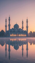 Naklejka premium A majestic serene mosque stands majestically at morning, bathed in the warm