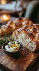 Close-up of a breakfast service with bread and whipped butter on a wooden board. Freshly baked artisan bread on a candlelit&nbsp;table.