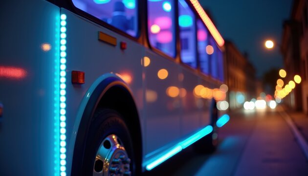 A close-up of the exterior of a party bus with bright LED lighting along the sides, featuring a clean, modern design, and no background distractions, realistic photography