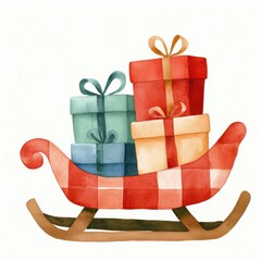 Watercolor holiday sleigh with presents festive scene gift giving cozy atmosphere cheerful viewpoint, isolated on white background
