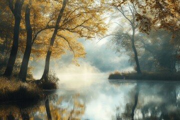 Fototapeta premium Misty morning by the calm river surrounded by autumn trees and serene nature