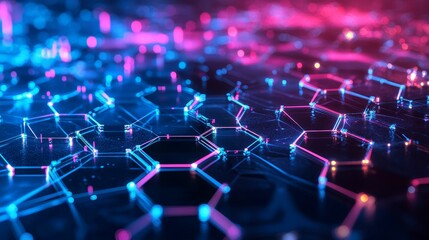Glowing geometric web with blue and pink light.