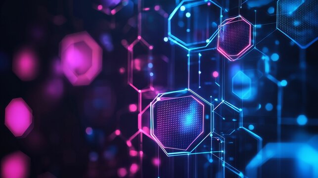 Geometric, glowing network of pink and blue shapes.