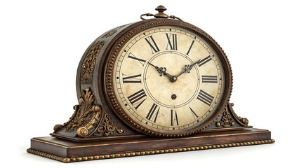 A photostock image of a vintage clock featuring Roman numerals, set against a white background.