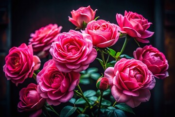 Obraz premium Pink Roses Blooming Against Dark Background - Dramatic Architectural Photography