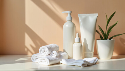 Serene bathroom essentials arrangement in warm light, personal care