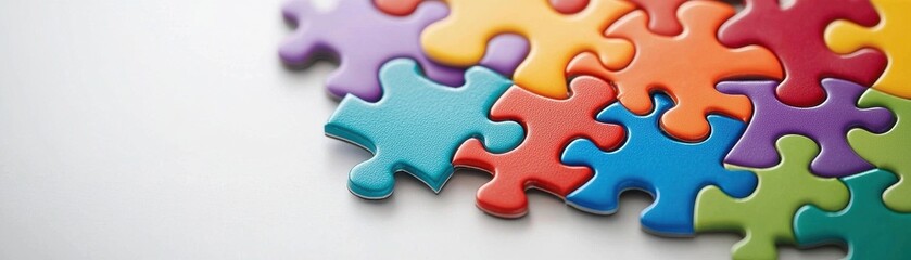 Fototapeta premium Colorful jigsaw puzzle pieces scattered on a light background, showcasing creativity and fun in problem-solving.