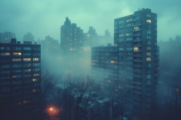 Fototapeta premium Fog envelops city buildings creating a mysterious atmosphere at dusk