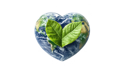 Earth Day PNG file, planet Earth design with a heart of leaves, symbolizing love for the planet, isolated on white