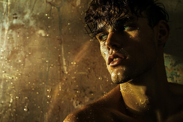 Young man with an entrancing stare, his skin glowing in dramatic, warm lighting