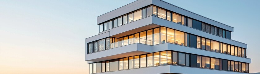 A modern building with large glass windows, showcasing sleek design and bright interiors, illuminated in the evening light.