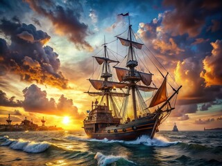 Obraz premium Pirate Ship Escaping Harbor at Sunset - Dramatic Adventure Stock Photo