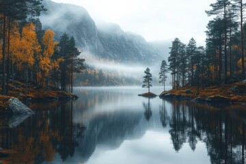 Fototapeta premium Misty Morning Over a Serene Lake