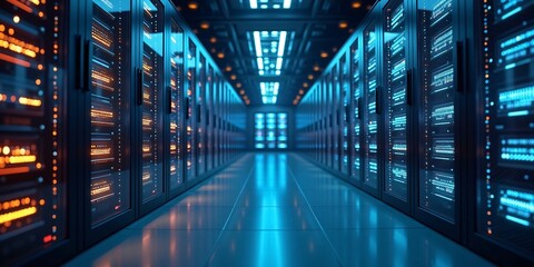 Obraz premium Internet Connection network in servers data center room storage systems. High-tech server room data center with rows of computer racks storing vast amounts of information