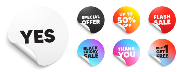 Yes sticker tag. Special offer paper price tags. Yes text tag. Approved ok message. Done or Good deal symbol. Discount, black friday sticker. Promo banner. Vector