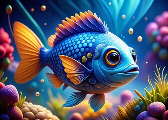 Obraz premium Playful Blue Fish Macro Photography: Vibrant Seafood Illustration for Marine Designs
