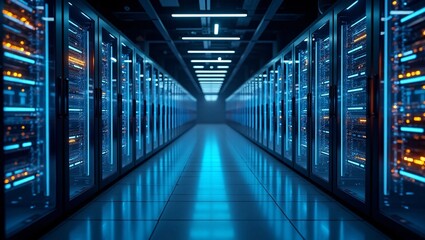 Fototapeta premium Internet Connection network in servers data center room storage systems. High-tech server room data center with rows of computer racks storing vast amounts of information