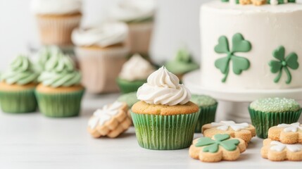 St. Patrick's Day Celebration of Irish Culture. Delicious St. Patrick's Day cupcakes with green decorations and shamrock cookies.