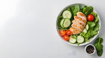 Grilled chicken salad bowl, vegetables, light background, recipe, food blog