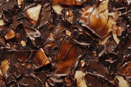 A detailed close-up of a rich texture combining melted chocolate, caramel swirls, and toffee shards, creating a decadent and indulgent surface