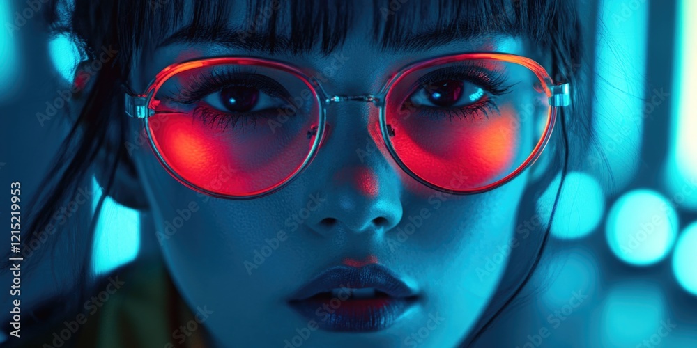 Wall mural A woman with red glasses is staring at the camera. The image has a bold and edgy feel to it, with the red glasses and the woman's intense gaze. The blue background adds a sense of depth