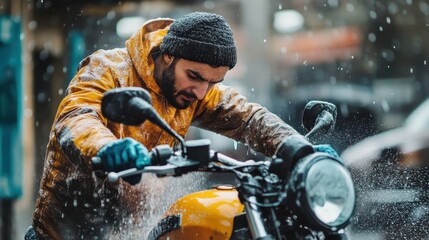 Man Washing Motorcycle in Winter
