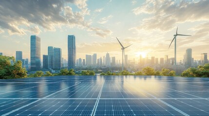 A futuristic city powered by renewable energy, solar panels and wind turbines, the cityâ€™s skyline visible against a bright sky, architectural rendering with photorealistic detail
