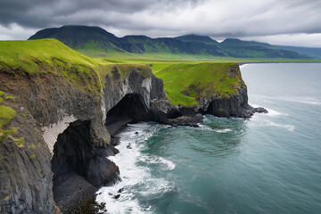 Dramatic waves hitting rugged coastal cliffs under a cloudy sky.