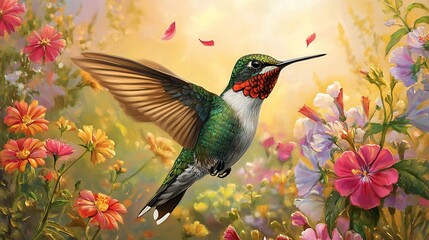 Ruby-throated hummingbird hovering amidst vibrant wildflowers in a garden, sunset light; nature, wildlife, spring