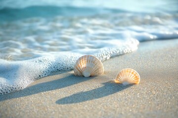 Gentle waves lapping the shore, seashells scattered along the sand, and soft morning light